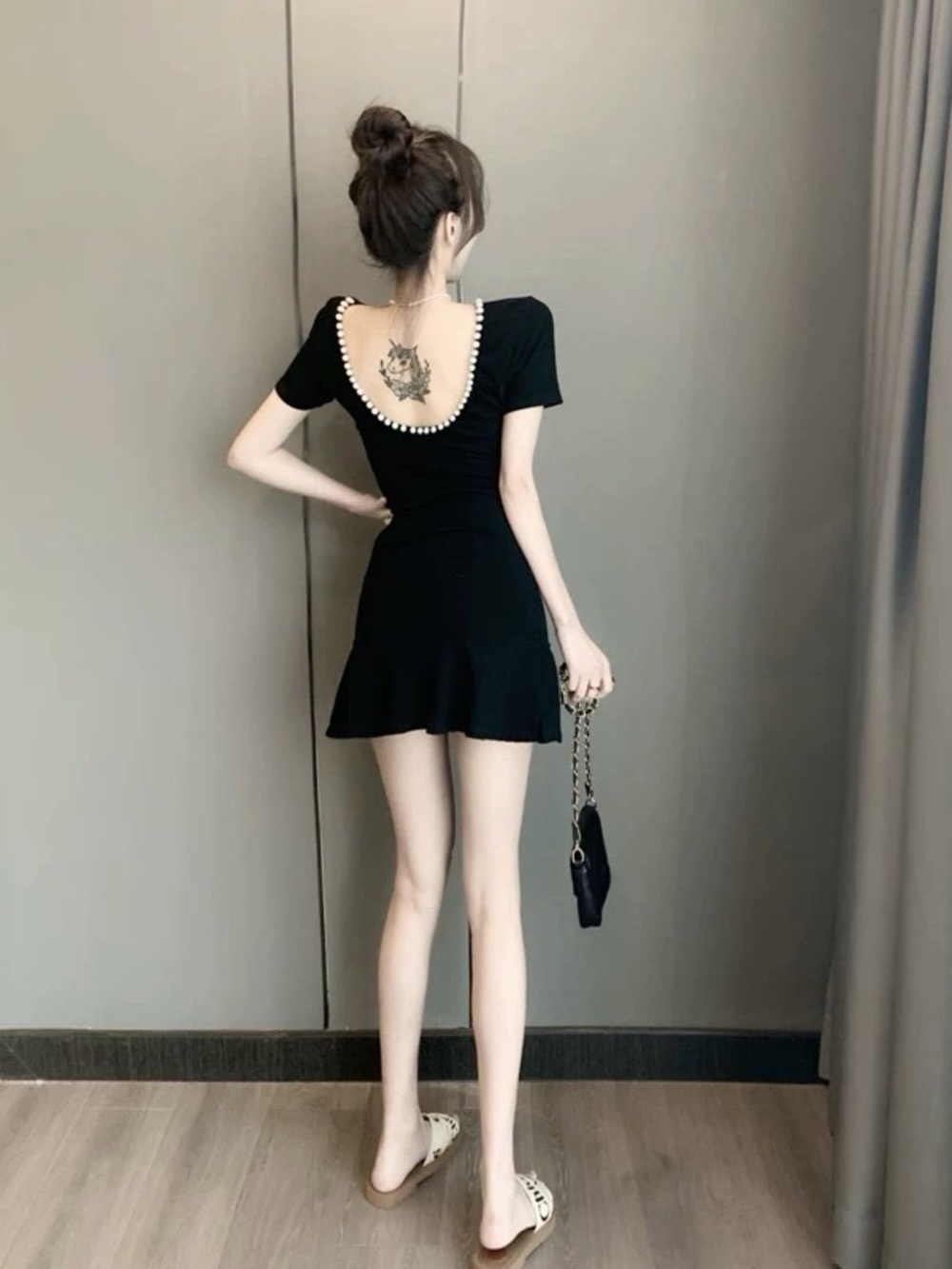 Black Pearl Trim Open Back Mini Dress